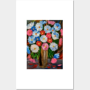 Stunning bouquet of mixed abstract flowers in a vintage gold vase Posters and Art